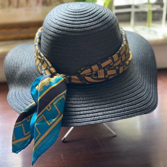 Vintage Vera Neumann Geometric Silk Scarf in Turquoise, Black & Gold New Old Sto - Picture 9 of 13